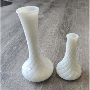 2 VINTAGE Milk Glass VASE Hoosier Quilted Diamond Pattern Made in USA